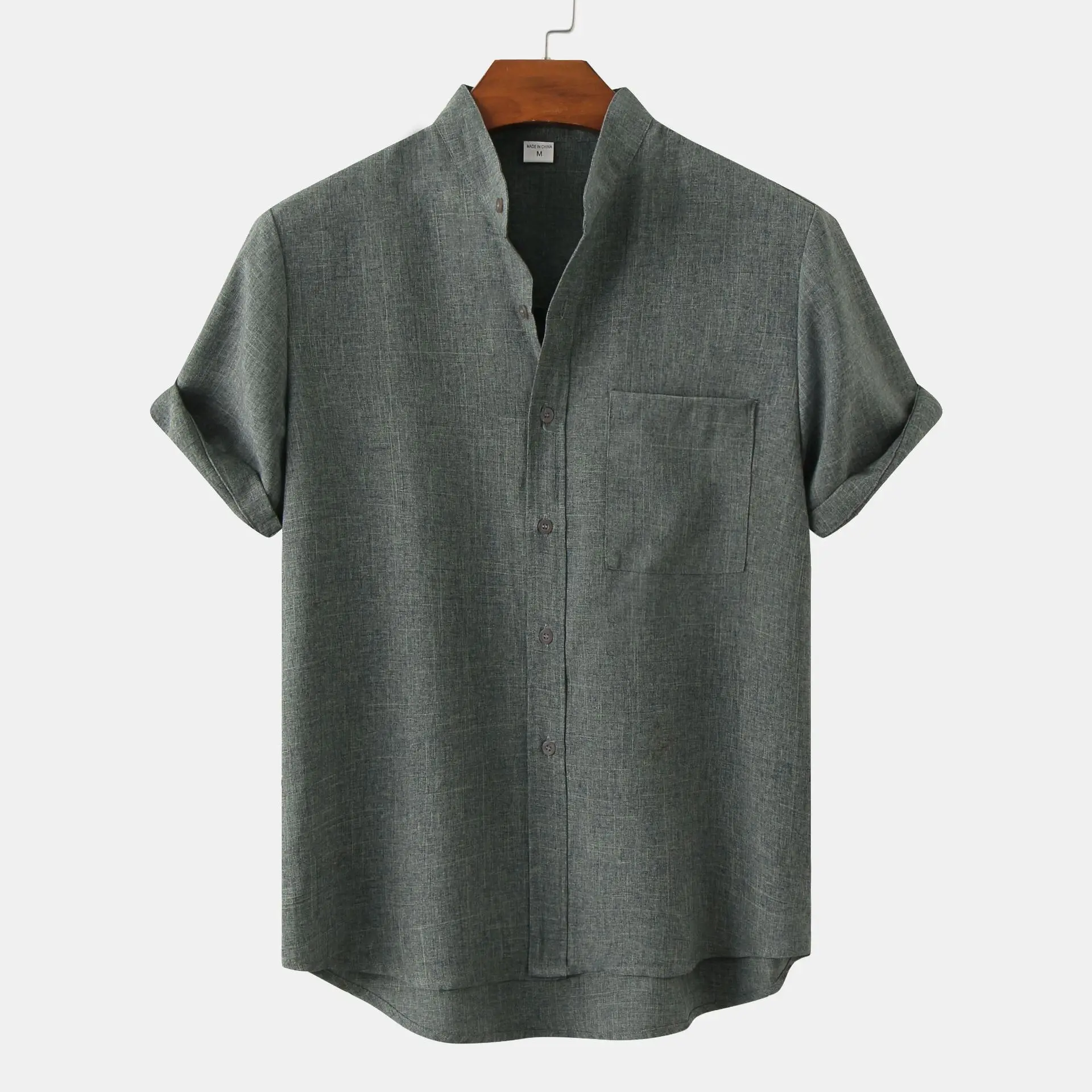 Новые летние мужские рубашки 2023 года, однотонные рубашки из хлопка и конопли с короткими рукавами, однобортные повседневные топы