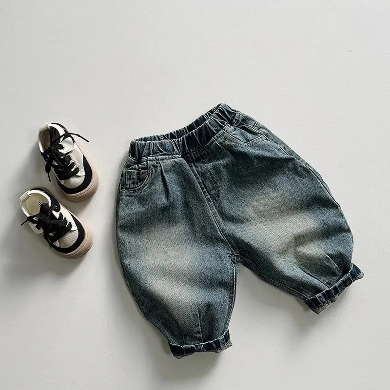 Новые повседневные джинсы в стиле ретро для мальчиков и девочек, детские свободные универсальные широкие джинсовые брюки, детские хлопковые модные брюки, детская одежда