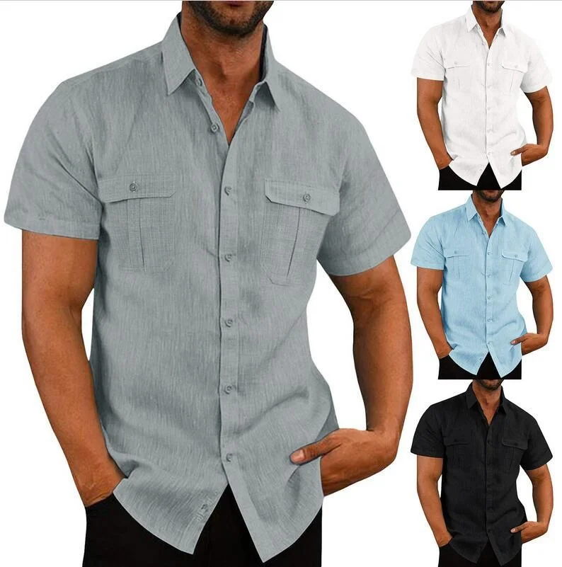 Новые хлопчатобумажные льняные мужские рубашки с короткими рукавами, Летние однотонные повседневные футболки с отложным воротником, мужские дышащие рубашки