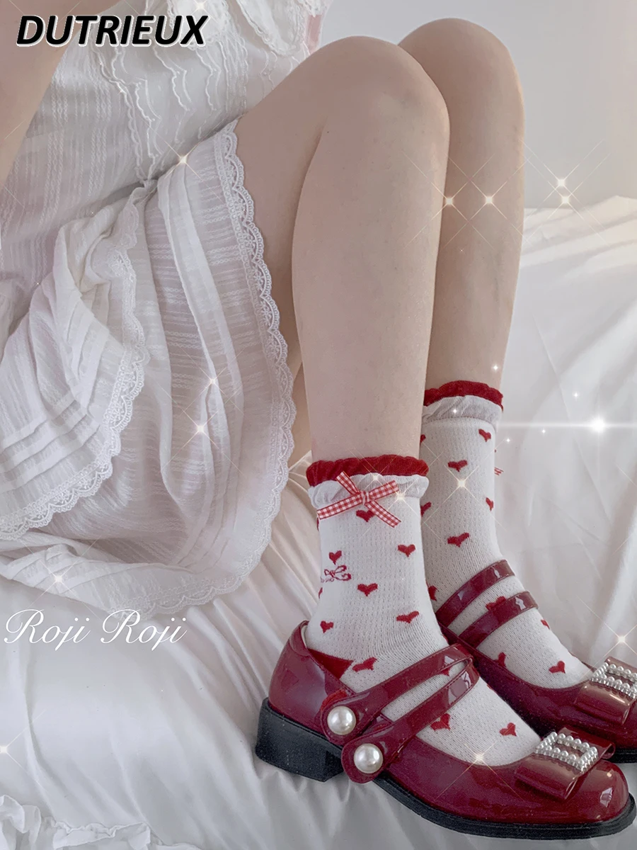 Носки в стиле Лолиты Love в горошек для леди, весенне-летние носки в стиле Лолиты, носки-трубочки из чистого хлопка с бантиком, Женские носки в японском стиле