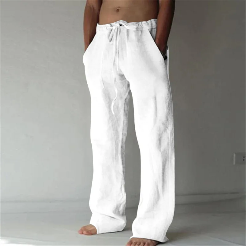 Однотонные хлопчатобумажные льняные мужские брюки Минималистичные базовые повседневные брюки с завязками Тонкие Большие размеры Свободные брюки с прямыми штанинами