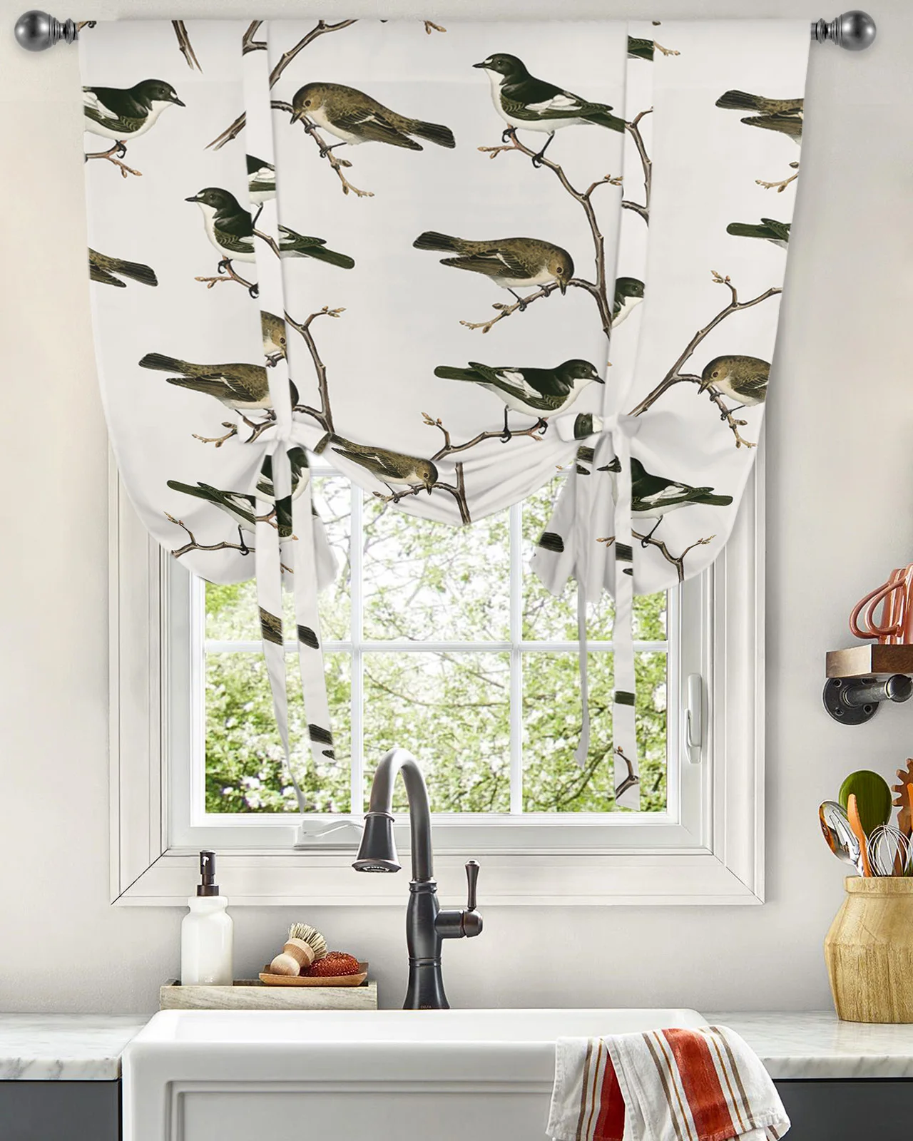 Оконная занавеска с рождественской птичьей веткой, завязывающиеся шторы для кухни и гостиной, регулируемые карманные шторы на штанге