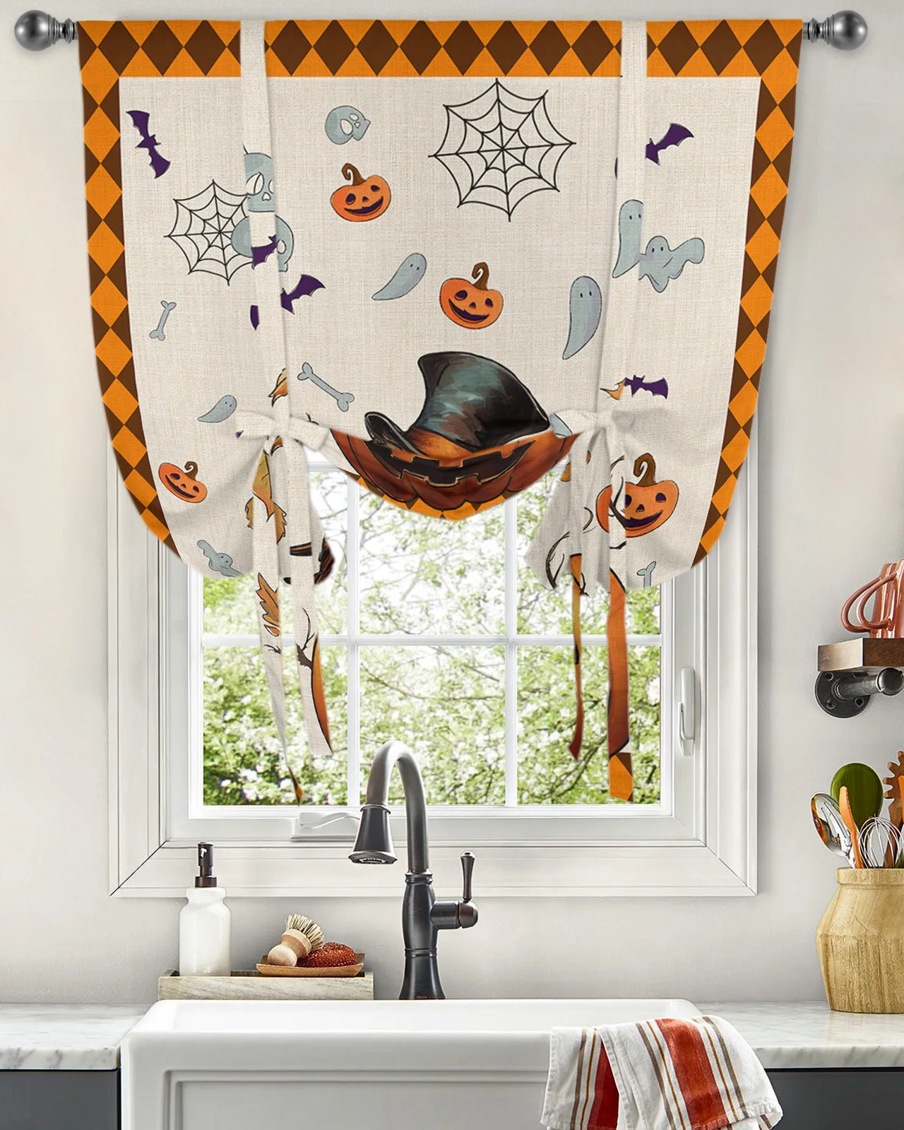 Оконная занавеска с тыквой и совой на Хэллоуин для гостиной, домашний декор, жалюзи, шторы для кухни, короткие занавески