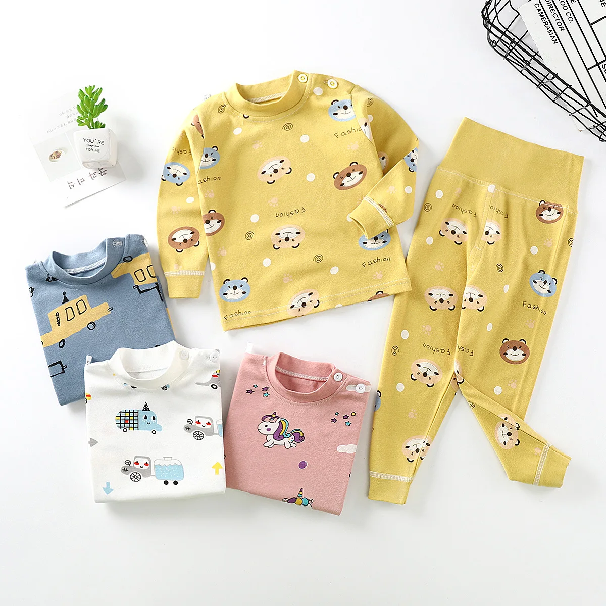 Оптовые Весенне-осенне-зимние пижамные комплекты Для маленьких девочек и мальчиков, Домашняя одежда с длинными рукавами, уход за животом с высокой талией, 2 шт. Пижамы