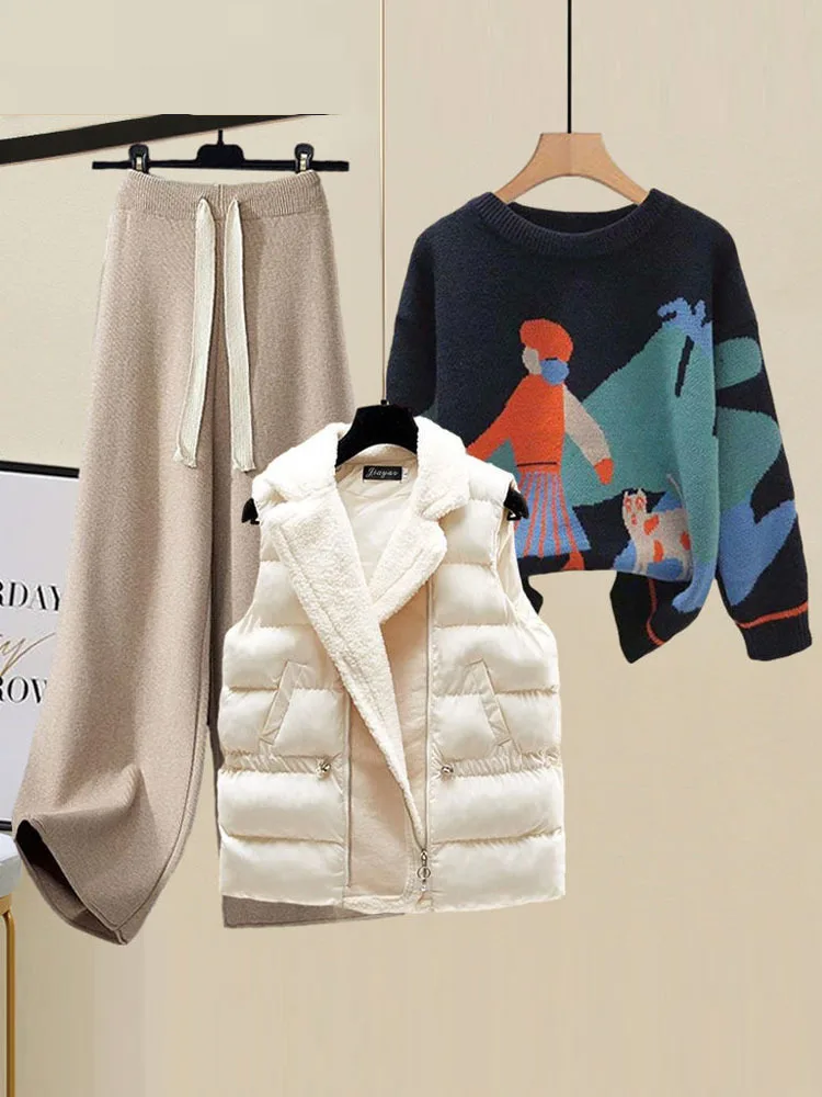 Осенне-зимние теплые комплекты из 3 предметов, женская одежда 2023, Модный вязаный свитер с принтом с длинным рукавом + шерстяной жилет + Широкие брюки, комплекты