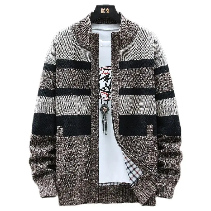 Осенне-зимний Корейский стиль, мужской кардиган в стиле пэчворк, свитера, мужской свитер с воротником-стойкой, пальто, вязаная куртка на молнии, мужской 8829
