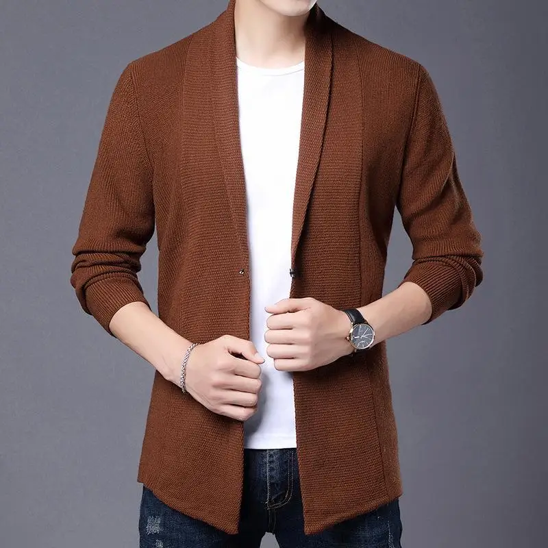 Осенний мужской Новый вязаный кардиган 2023, Молодежная мода, однотонная верхняя одежда средней длины, повседневный свитер