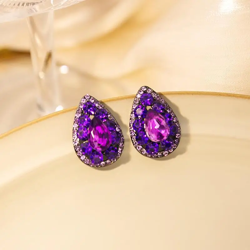 Очаровательные женские фиолетовые серьги с крупными кристаллами, Свадебные серьги серебряного цвета Для женщин, роскошные серьги-гвоздики со стразами в виде капли воды