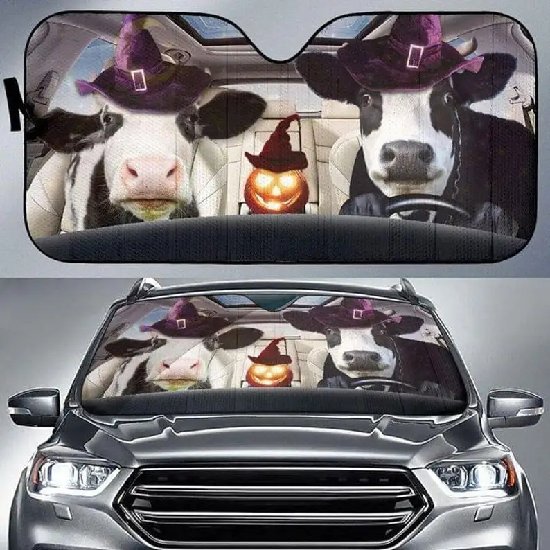 Пара коров в шляпах Ведьм, Автомобильный солнцезащитный козырек на Хэллоуин, Подарок для любителей коров, солнцезащитный козырек на лобовое стекло автомобиля с защитой от ультрафиолета