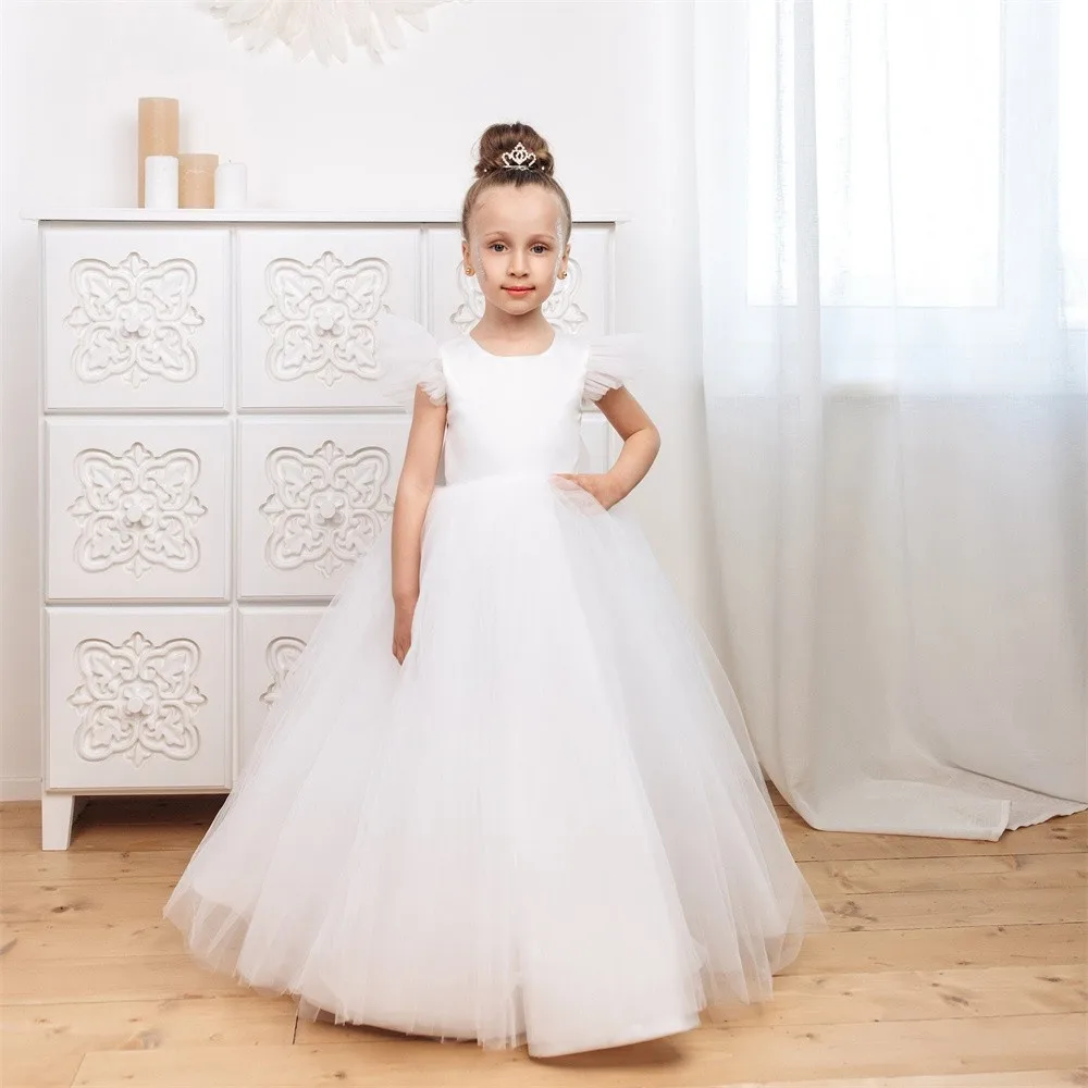 Платье с цветочным узором для девочек, Белый тюль, Детская кружевная аппликация, Новый бант, Атласные свадебные платья для причастия на заказ 2023