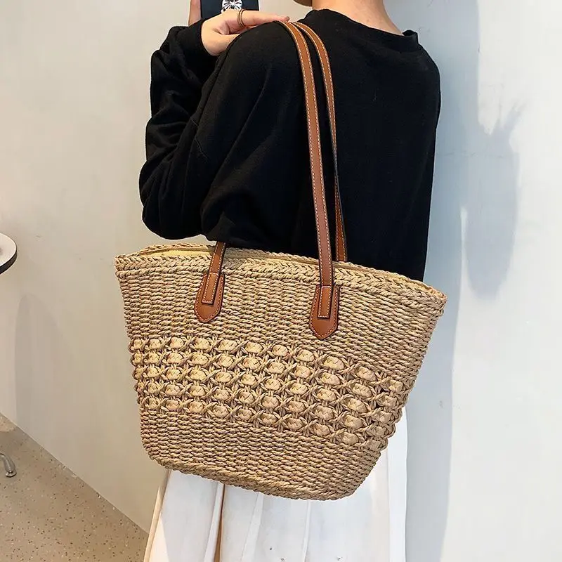 Плетеная корзина для хранения во французском провинциальном стиле, соломенная сумка-тоут ручной работы с кожаными ручками, простая и универсальная