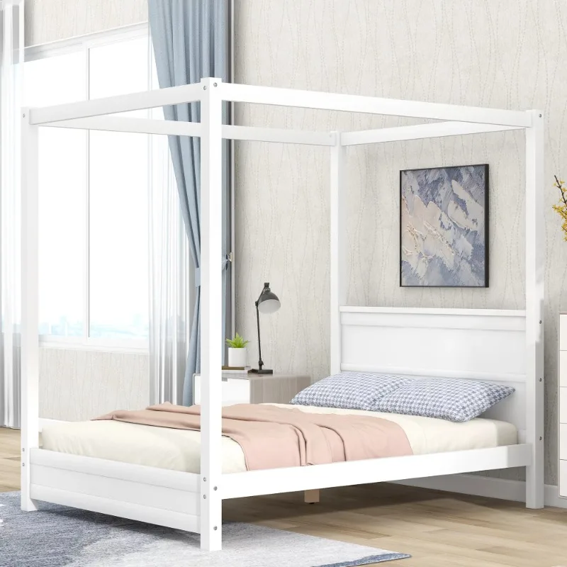 Полноразмерная кровать-платформа с балдахином из дерева EUROCO с изголовьем (полностью + белый / Full + натуральный / Queen + Натуральный / Queen + Белый) опционально