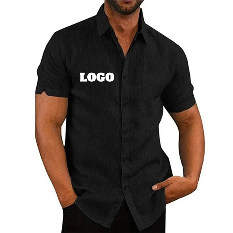 Пользовательские логотипы Летние хлопчатобумажные льняные рубашки для мужчин, повседневные рубашки с короткими рукавами, блузки, однотонные официальные пляжные рубашки, сделай сам свой логотип