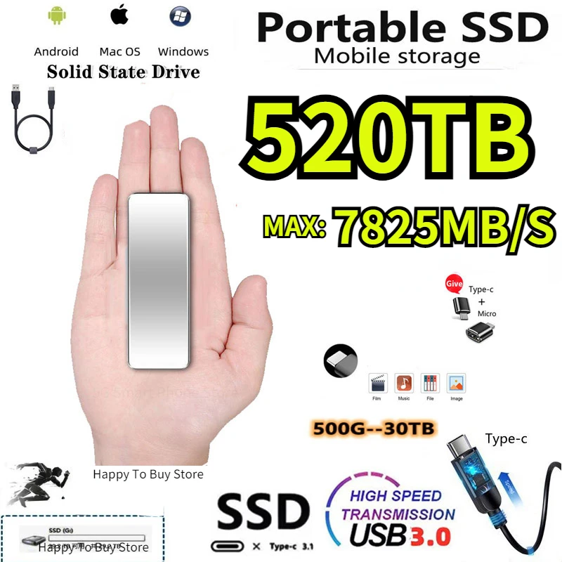 Портативный SSD-Накопитель 2 ТБ Высокоскоростной Мобильный Твердотельный Накопитель 500 ГБ Внешнего Хранилища Decives Type-C USB 3.1 Жесткие Диски для Ноутбуков / ПК / Mac