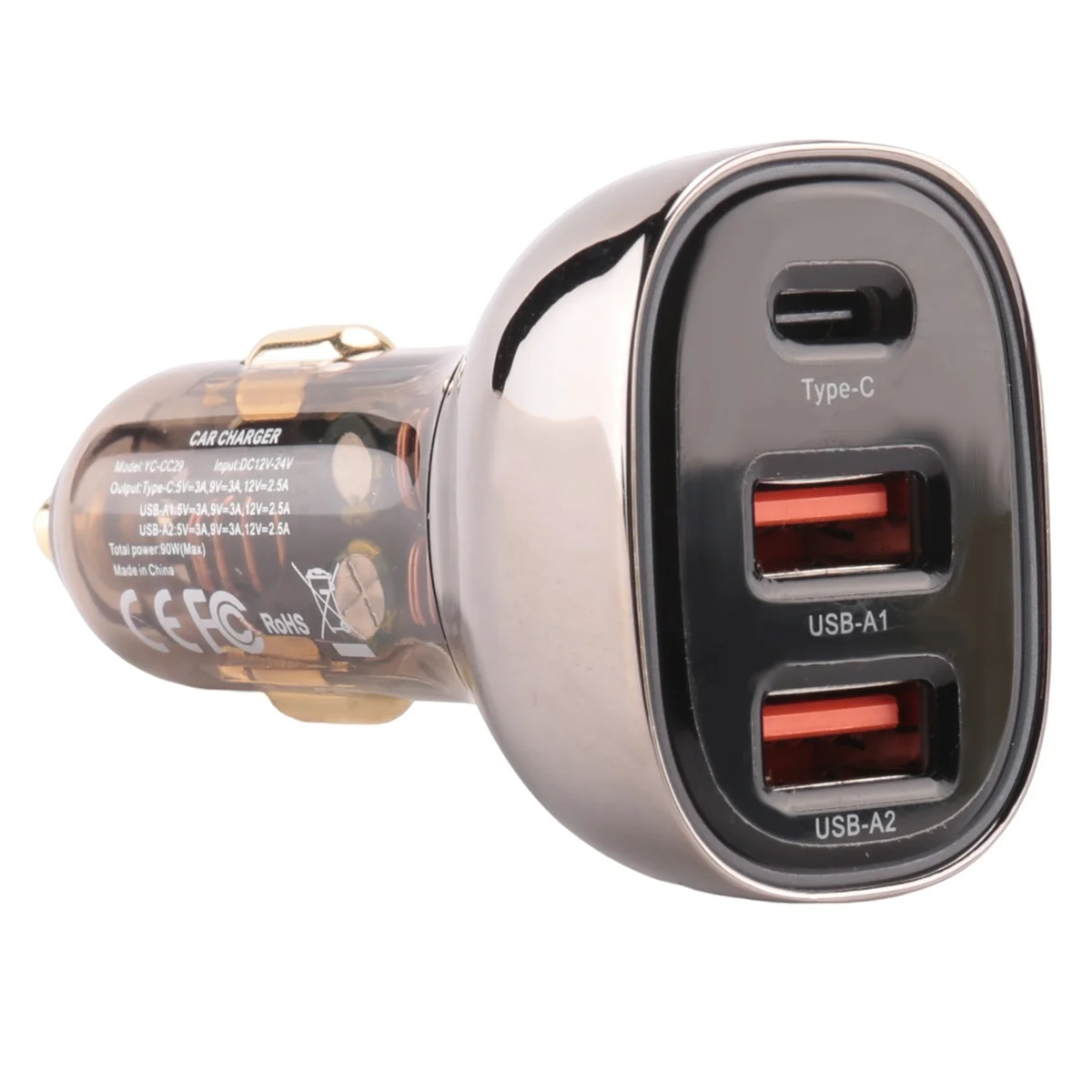 Прозрачное автомобильное зарядное устройство, прикуриватель, 3 USB-адаптера, зарядное устройство для мобильного телефона, Qc 3.0 с постепенной светодиодной подсветкой (прозрачный чайно-черный)