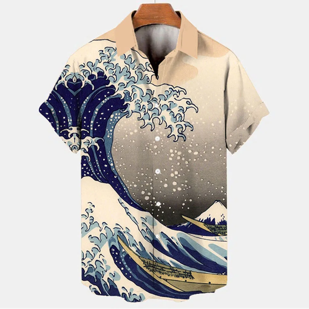 Ретро Океанская волна, 3D Печать, Мужские Гавайские рубашки, Повседневные Модные Летние Мужские Рубашки, Большие Размеры, Короткие Рукава, Свободные Топы С Лацканами