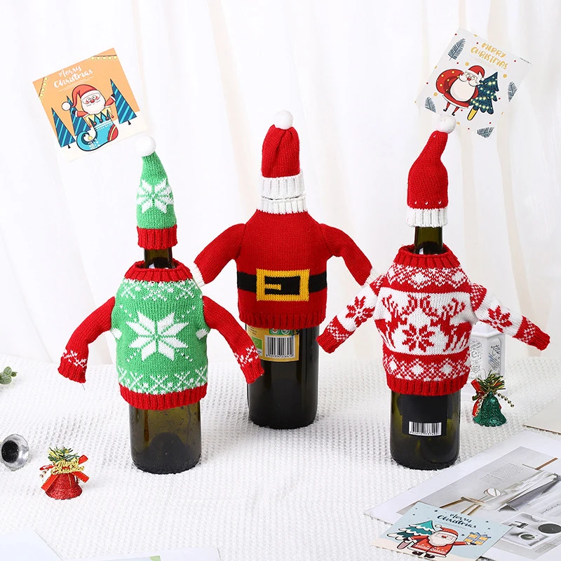 Рождественская крышка для бутылки вина, Вязаный свитер, Шляпа, украшения для бутылок, Праздничный декор ресторана, домашняя Рождественская вечеринка, декор обеденного стола.