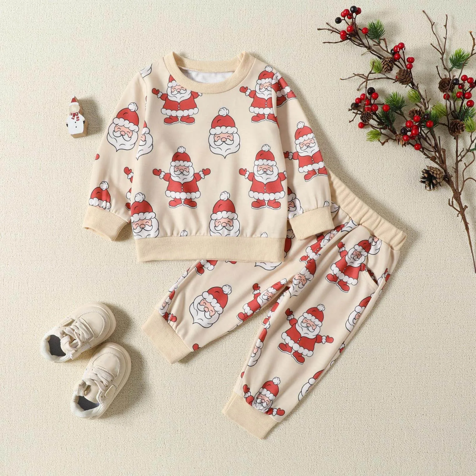 Рождественский комплект одежды для новорожденных из 2 предметов Для маленьких мальчиков и девочек, Толстовка с принтом Санта-Клауса, топы, брюки, Наряды для детей На Рождество