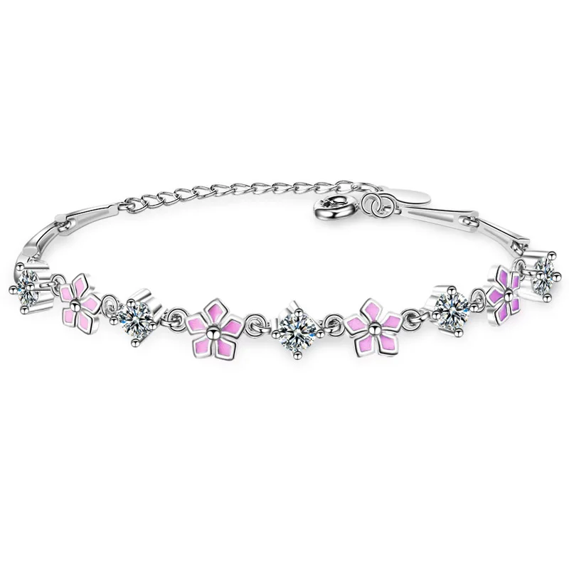 Розовый Эмалевый Цветок вишни с хрустальным браслетом для женщин, девушки, леди, подарок на свадьбу, День рождения