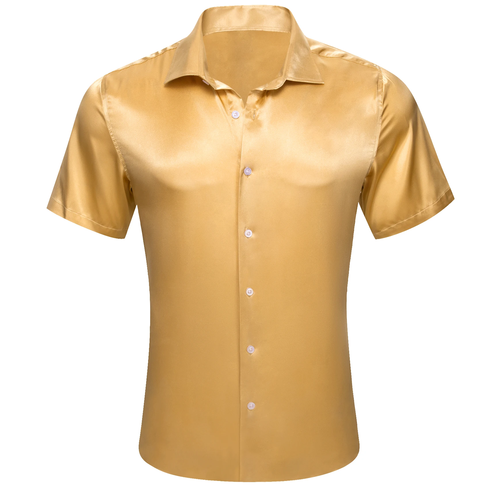 Роскошные мужские рубашки с коротким рукавом, однотонные атласные золотистые облегающие топы, блузки на пуговицах, мужская одежда, Дышащий Цветостойкий Barry Wang
