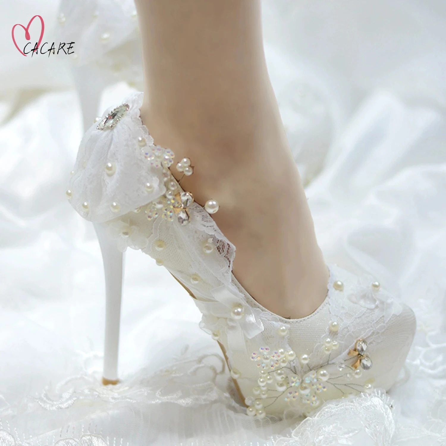 Роскошные свадебные туфли CACARE с жемчужным кружевом на платформе и высоком каблуке, туфли для свадебной вечеринки, туфли-лодочки Золушки, аксессуары для украшения F0505