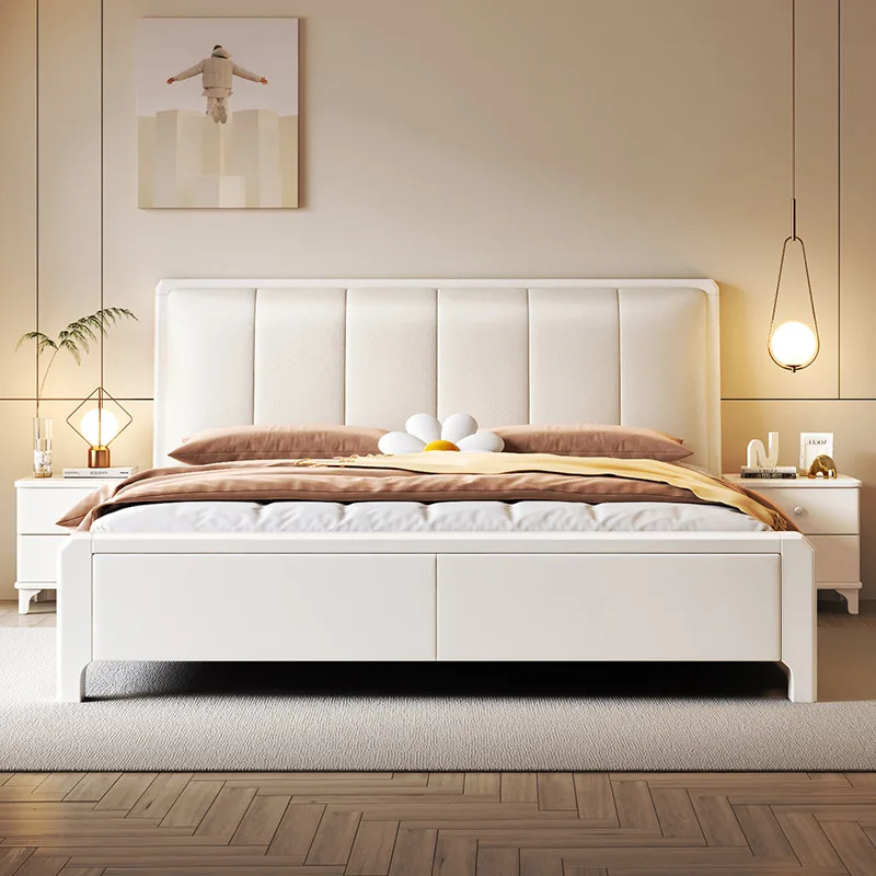 Современная минималистичная кровать из массива дерева, скандинавская двуспальная кровать 1,8 м, двуспальная кровать в главной спальне, двуспальная кровать для хранения ящиков высотой 1,5 м.