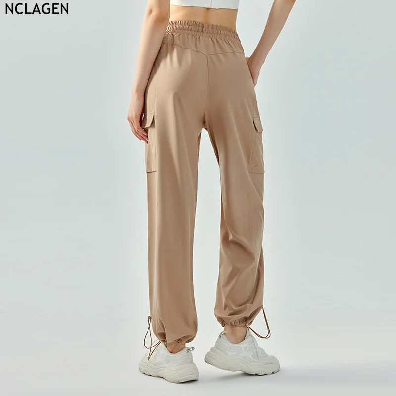Спортивные брюки NCLAGEN с высокой талией и завязками для женщин с высокой эластичностью, широкие брюки для похудения, фитнес, бег на открытом воздухе