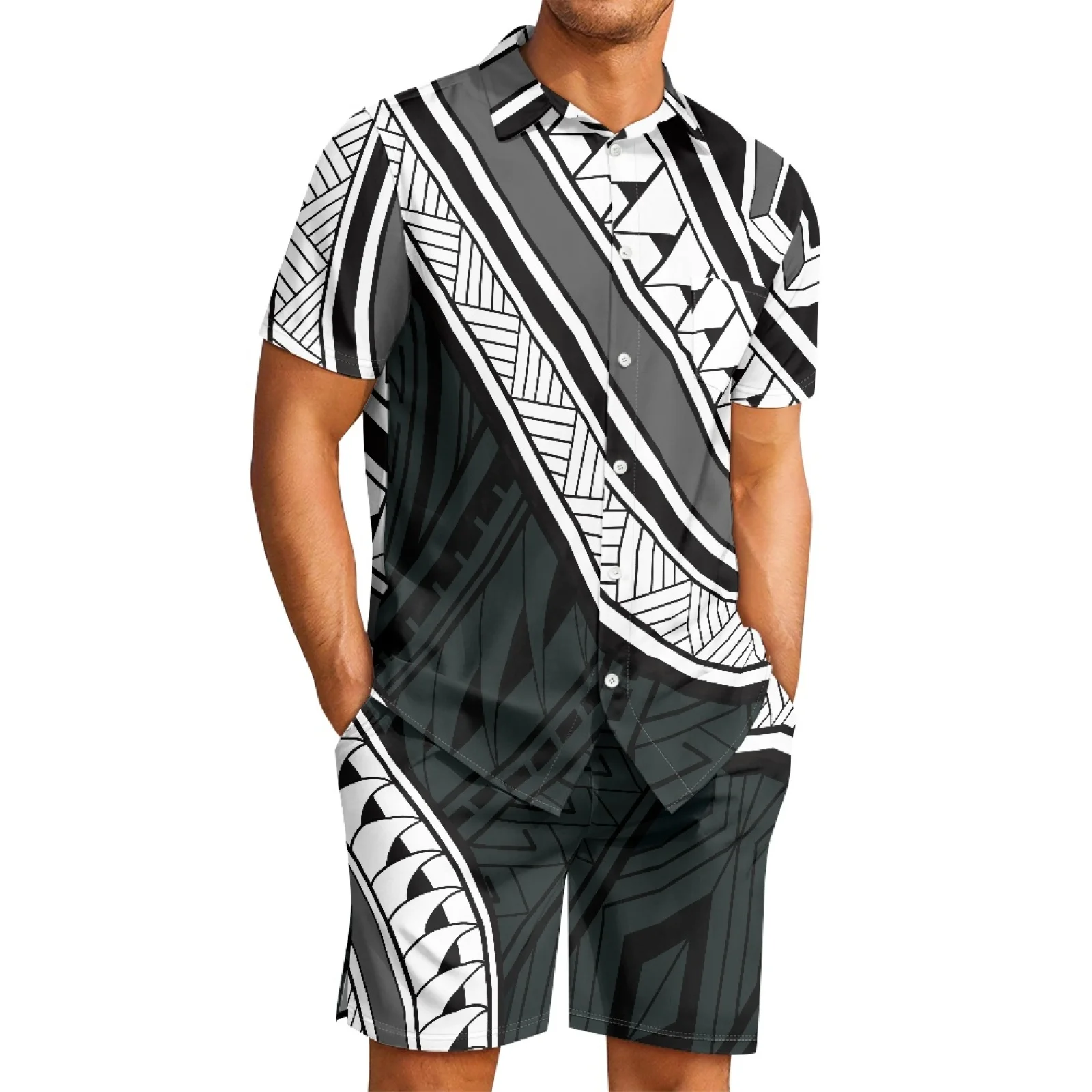 Татуировка с полинезийским племенным Фиджийским Тотемом, Принты Фиджи, Мужские шорты с лацканами нового стиля, Дышащие шорты с коротким рукавом, Черно-белый спортивный костюм