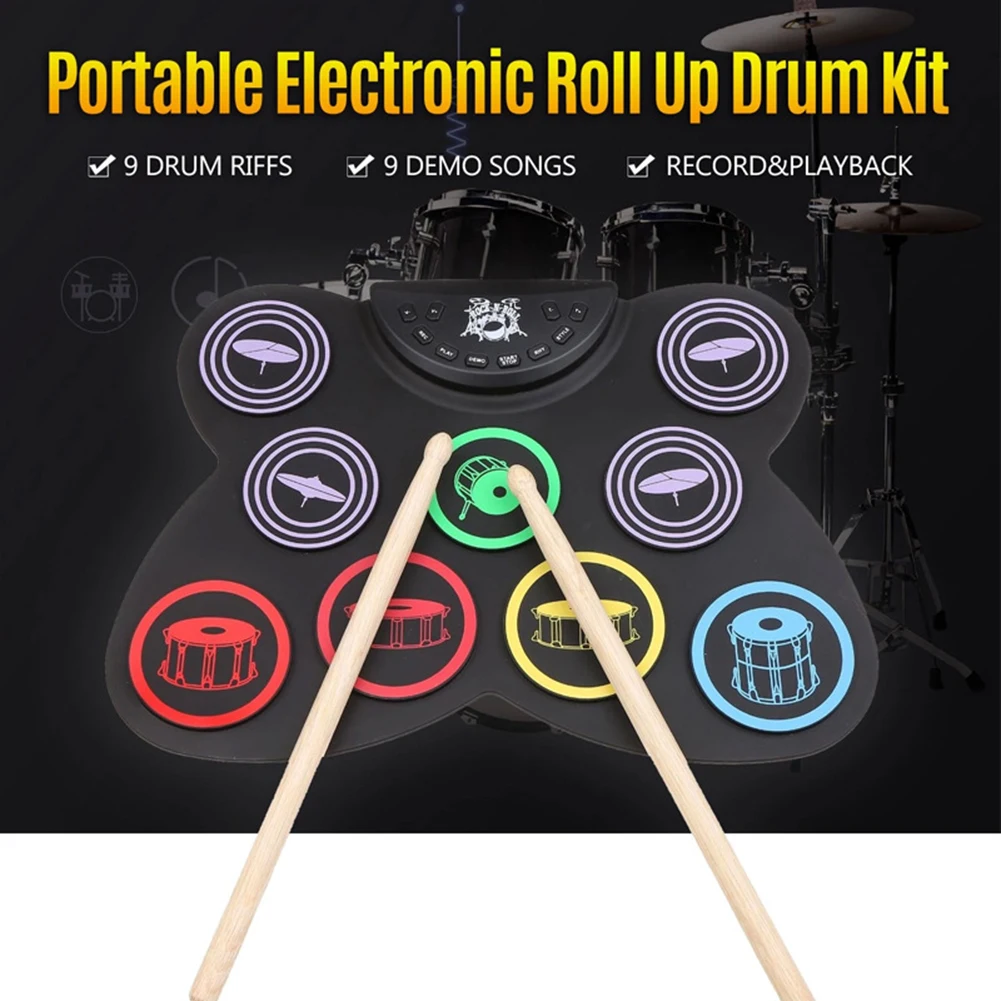 Тренировочный коврик для игры на барабане Roll Up 9 пэдов Midi Ударная установка Педальный контроллер USB с сенсорными палочками для начинающих практиковаться