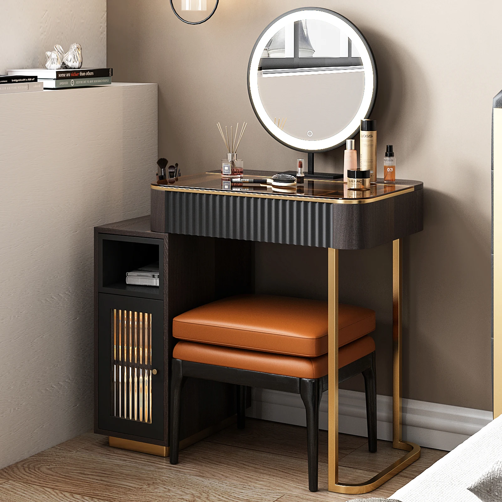 Туалетный столик, набор табуретов для макияжа, туалетный столик, съемный шкаф для хранения с интеллектуальным зеркалом для макияжа со светодиодной подсветкой