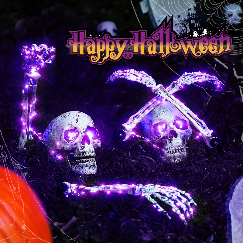 Украшения для Хэллоуина, колья для рук скелета с подсветкой, светодиодные колья для рук скелета, Череп со светящимися глазами, газонная лампа на батарейках.