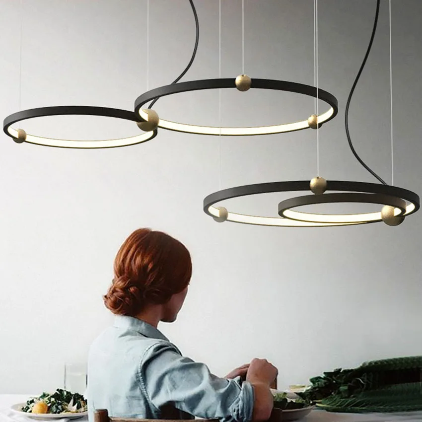 Черная Круглая светодиодная подвесная лампа Nordic Home Столовая в помещении, гостиная, кухня, Островной бар, люстра, кольцевой подвесной светильник