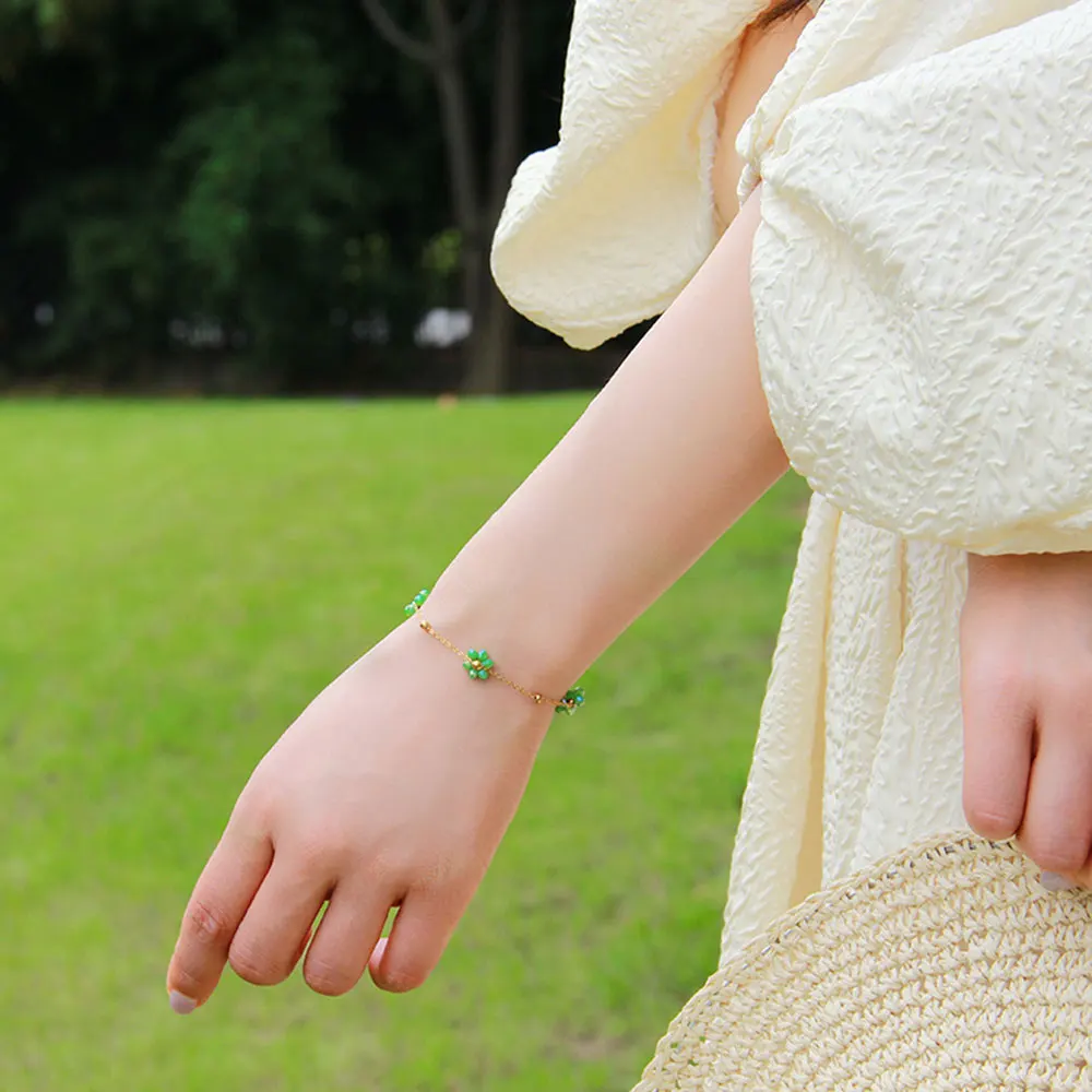 Чешский Позолоченный браслет из нержавеющей стали и натурального камня с маленьким цветком для женщин Модный Аксессуар Подарок для девушек знаменитостей