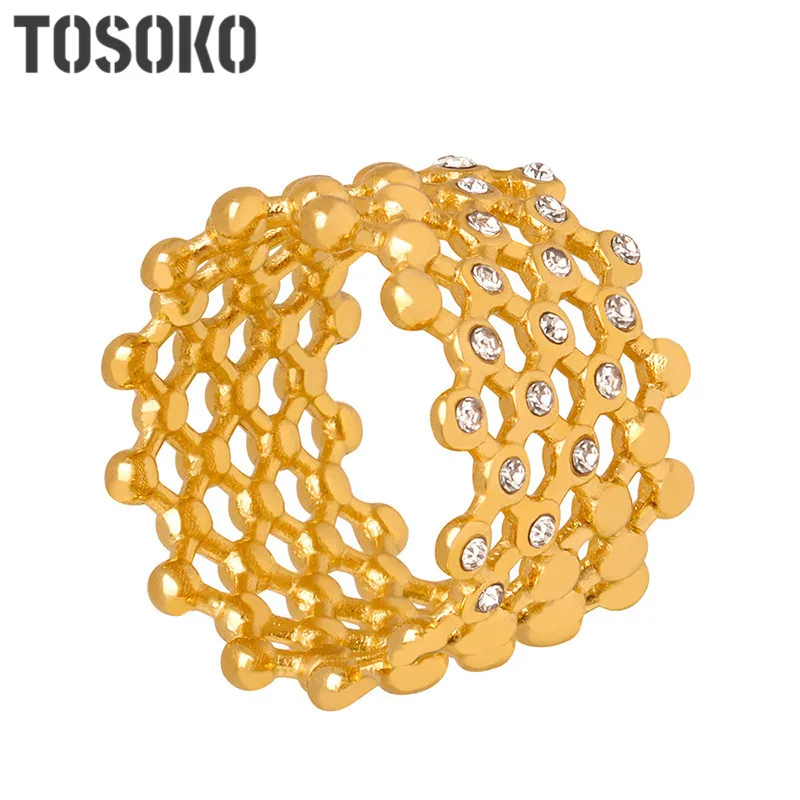 Ювелирные изделия из нержавеющей стали TOSOKO С Полым дизайном в форме пчелиных сот, инкрустированные кольцом из 18-каратного золота с циркониевым покрытием BSA522