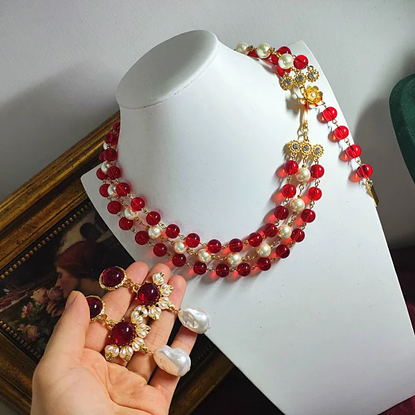 винтажное красное стекло трехслойный цветок крючок ожерелье серьги стреловидные серьги на плечо набор для женщин