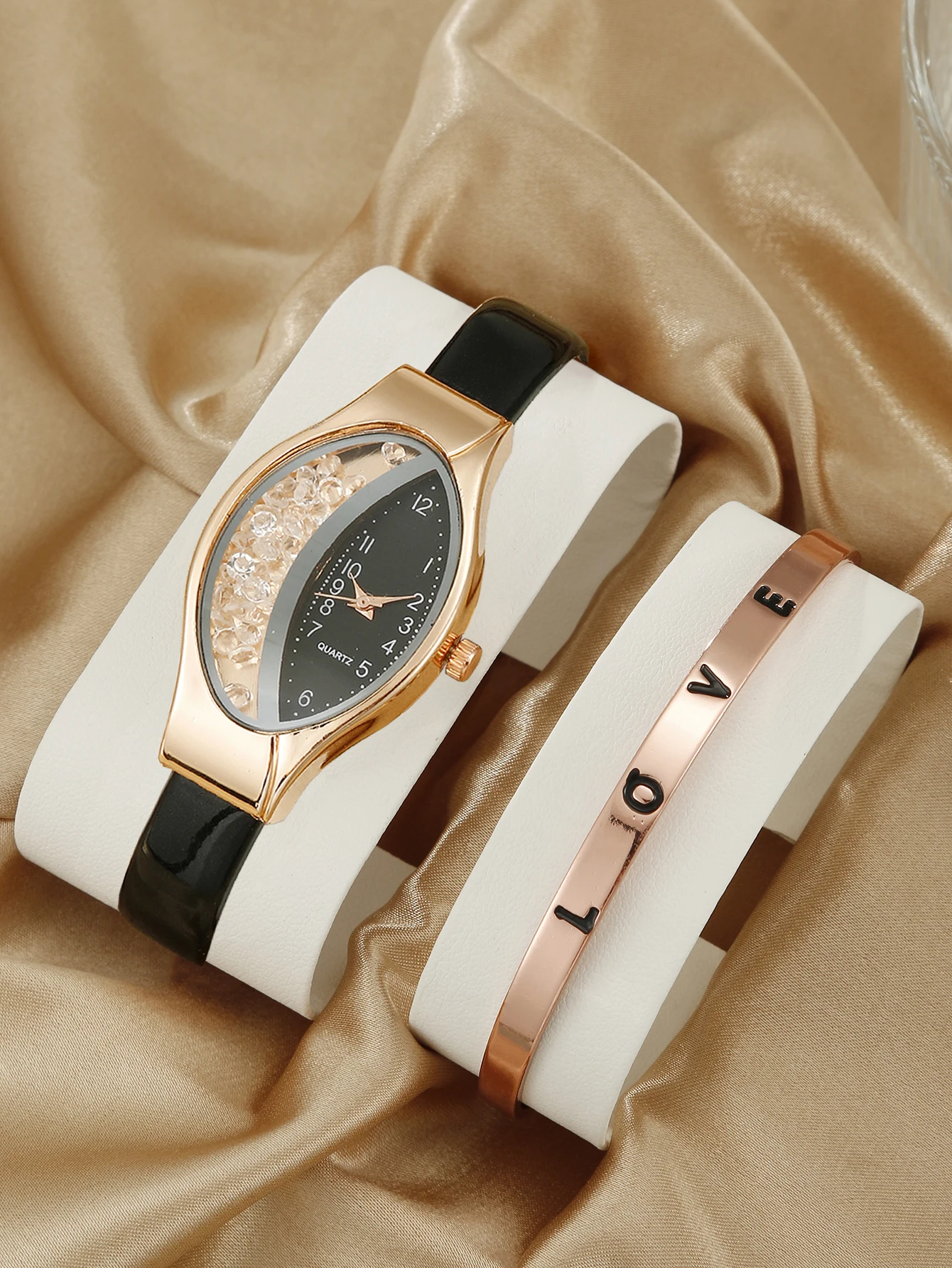 комплект из 2 предметов Женские часы Роскошные Кожаные аналоговые женские кварцевые наручные часы Модный браслет Часы Браслет из сплава